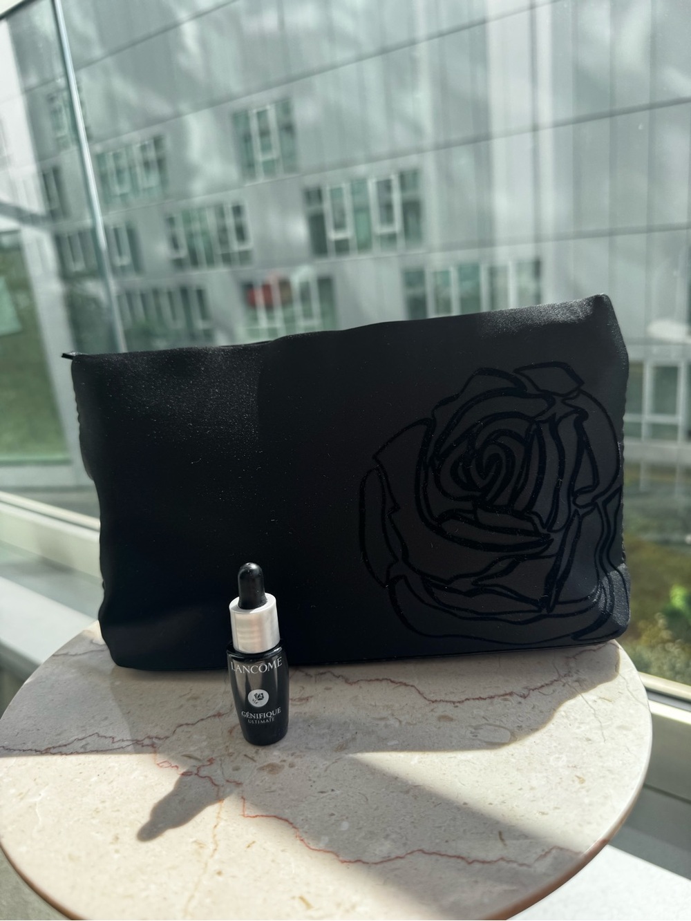 Lancome Black Cosmetic Pouch with Rose Appliqué